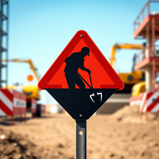 Create a high-resolution vector graphic of a construction warning sign featuring a silhouette of a worker digging, with bold red and black triangular design, using a DSLR camera at f/8 aperture, 24mm focal length, ISO 100, in natural daylight for clarity and vivid colors.