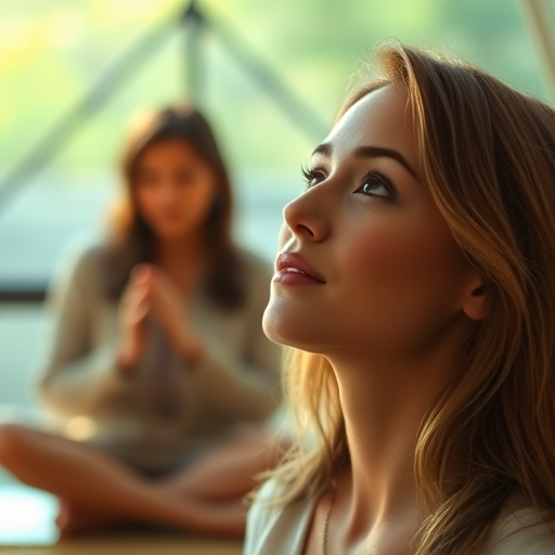 portrait of a woman with serene expression facing upwards, silhouette of a person sitting with head in hands in the background, warm natural lighting, soft focus, depth of field, camera settings: f/2.8, ISO 100, shutter speed 1/200, 50mm lens, taken with a DSLR camera, high resolution for clarity and detail.