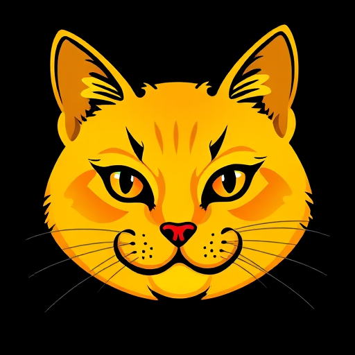 Create a vibrant illustration of a stylized yellow cat face with bold black outlines, using a digital painting technique, captured with a 50mm f/1.8 lens at ISO 100, shot from a frontal view to highlight the features, in a high-definition format.