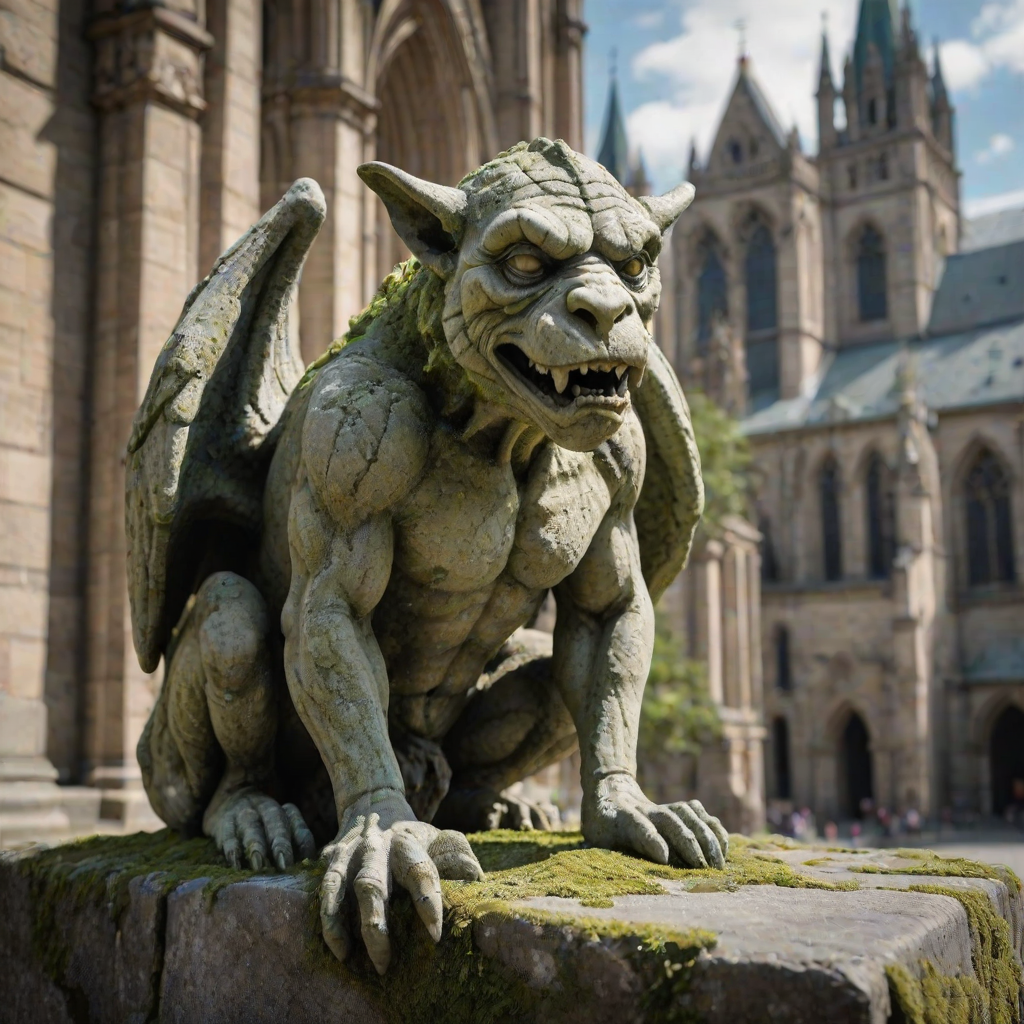 create an ultra-realistic and very detailed photograph of a very old stone gargoyle in a cathedral. the stone is a little worn, with some broken parts. cracks. moss. the background is a blurred image of the city. It includes shadows and contrasts to make the image more realistic