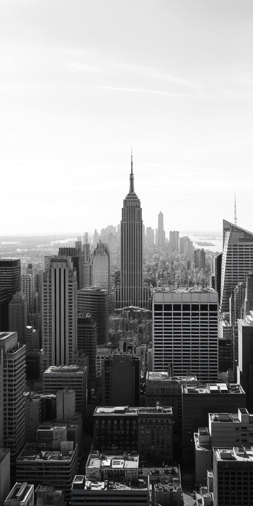Generate a high-contrast black and white city skyline illustration, using a DSLR camera with a 50mm lens at f/8 aperture, ISO 100, and a panoramic view to enhance detail and clarity.