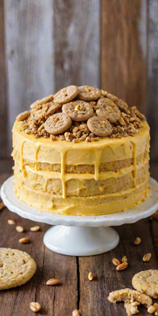 Create an image of a layered cake with a smooth yellow frosting, topped with crushed nuts and surrounded by round cookies at the base. The cake is displayed on a simple white cake stand with a rustic wooden background.