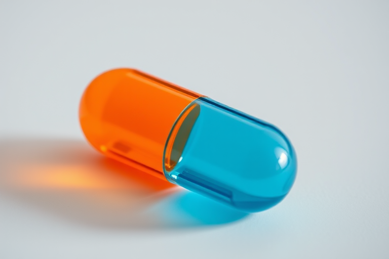 Create a high-resolution image of a capsule with one half orange and the other half blue, using a macro camera style with a 50mm lens, aperture f/2.8, ISO 100, under soft natural lighting for a clean and vivid appearance.