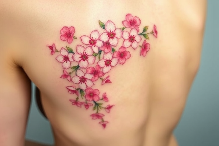 Elegant "Cherry Blossom Cascade" tattoo features delicate pink and white flowers cascading down the body in a graceful arc. Soft watercolor effects create a dreamy, romantic atmosphere, while fine black linework adds definition to each petal. Subtle green leaves and branches provide contrast, completing this beautiful and feminine design inspired by Japanese art and nature.
