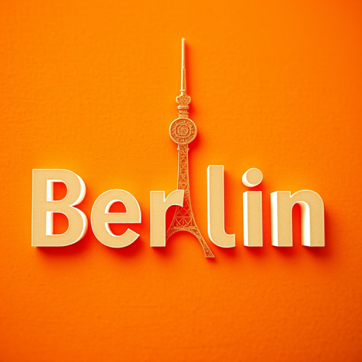 Create a high-resolution digital artwork featuring the word "Berlin" in modern font with an outline of the Berlin TV Tower, set against a textured amber background, captured with a DSLR camera at f/2.8, ISO 100, 1/125 sec, in a close-up view with soft focus.