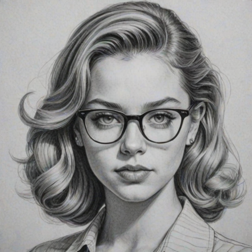 Ravishing Sydney Sweeney, pencil sketch, portrait of Magnificent woman 1943s in glasses, hair style beatnik, outline, clear lines, fine lines, 8k