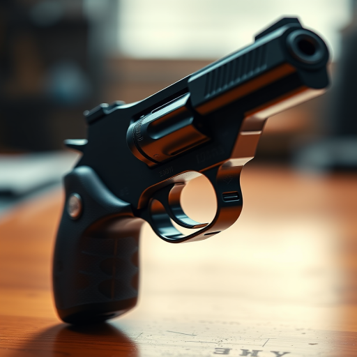 Create a high-resolution digital illustration of a handgun with a focus on realistic details, using a DSLR camera with a 50mm lens, f/1.8 aperture, and a shallow depth of field, shot from a 45-degree angle to enhance the three-dimensionality and depth of the object.