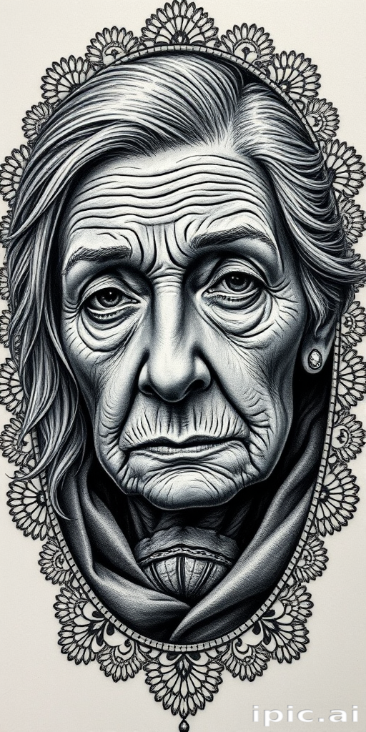 Realistic black and grey portrait tattoo called "Timeless Gaze" depicting an elderly woman's weathered face with intricate wrinkles, piercing eyes, and wispy hair, surrounded by a frame of delicate lace patterns