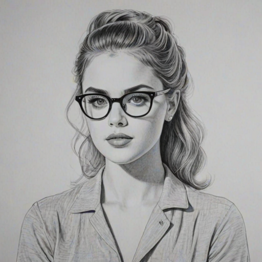 Charming Anne Winters, pencil sketch, portrait of Charming woman 1955s in glasses, hair style beatnik, outline, clear lines, fine lines, 8k