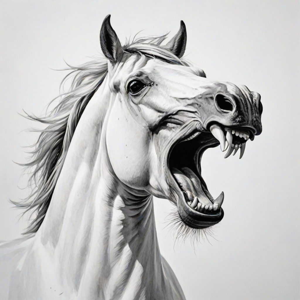 Abstract black and white acrylic portrait of an over exaggerated laughing (horse). Minimalism style. White background.