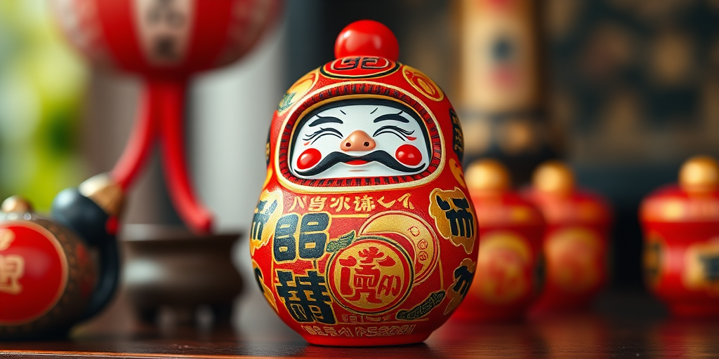 generate a high-resolution image of a traditional daruma doll with intricate details, using a Canon EOS R5 with a 50mm f/1.2 lens, aperture set to f/2.8, shutter speed at 1/250s, ISO 200, shot from a slightly low angle to enhance the vibrant colors and textures, ensuring natural lighting for clarity and richness.