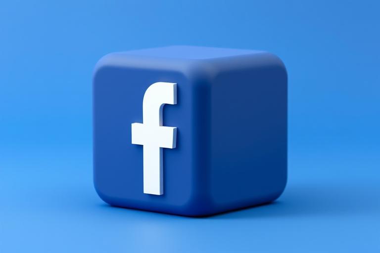 3D render of a Facebook logo cube with a blue background, soft lighting, f/8 aperture, ISO 100, 50mm lens, HDR photography, high-resolution, studio shot.