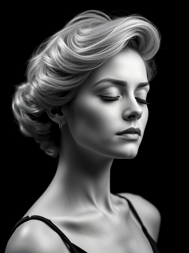 Generate a high-contrast black and white portrait of a woman with a vintage hairstyle and closed eyes against a solid black background, captured with a DSLR camera at f/2.8, ISO 100, 50mm lens, soft focus technique, and studio lighting for enhanced details.