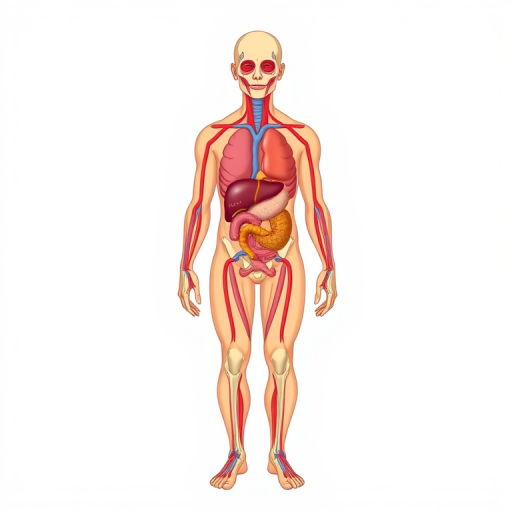 Generate a detailed anatomical illustration of a human body showcasing internal organs, using a high-resolution camera with 50mm lens at f/8 aperture, ISO 100, and a 1/125 shutter speed, in a frontal view with a clean, minimalist style and vibrant colors.