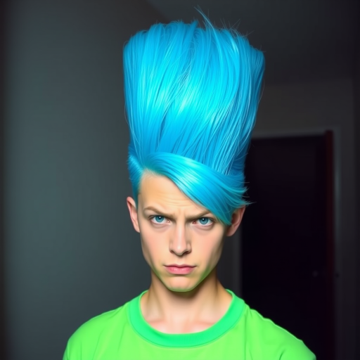 Image of a person with their hair styled upright,  in a cylinder shape. The hair  color is neon blue and appears to be held in place by a hair product, giving it a fluffy texture. The background is nondescript, and the person's face is looking at the viewer nervously.