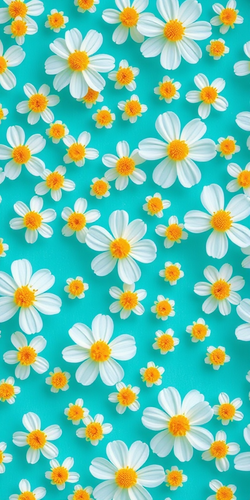 Create a seamless pattern of small white flowers with yellow centers on a bright turquoise background, using a macro lens at f/2.8, ISO 100, and a 50mm lens to ensure high detail and vibrant color saturation.
