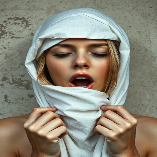 Create a close-up photographic image of a Caucasian woman with light skin tones shown against an old, worn wall. Their head is wrapped in a white cloth covering (i.e.... parts of the head except the nose and mouth, which are open as if they are screaming...), with a slight texture and visible folds in the fabric. Thin strands of blonde hair escape from the wrapping above, falling lightly at the top and sides. Their hands hold the fabric as if they are tugging nervously. The lighting is dramatic and even, casting strong shadows. The image has a minimalist and surreal style with an emphasis on simplicity with soft color tones. The composition is centered.