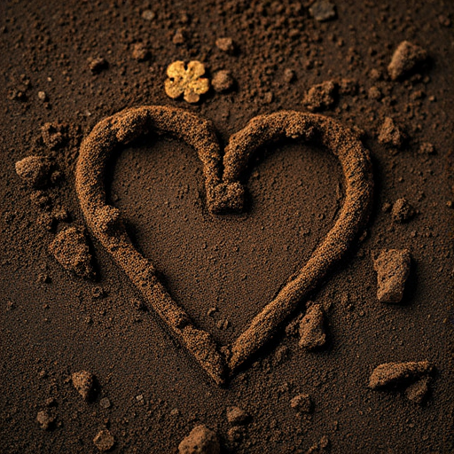 capture a close-up of a heart shaped drawing in dirt on a dark background, use a DSLR camera with a 50mm lens, set aperture to f/1.8, ISO 100, shutter speed 1/200s, natural lighting, focus on texture and contrast