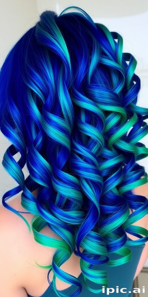 Bold sapphire blue to emerald green color melt styled in tight spiral curls, creating a mesmerizing jewel-toned cascade of vibrant hues