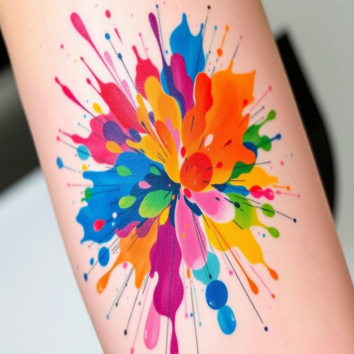 Watercolor splash tattoo named "Chromatic Explosion" depicting abstract bursts of vibrant colors blending and overlapping to create a dynamic and energetic composition, known for its spontaneous and artistic appearance