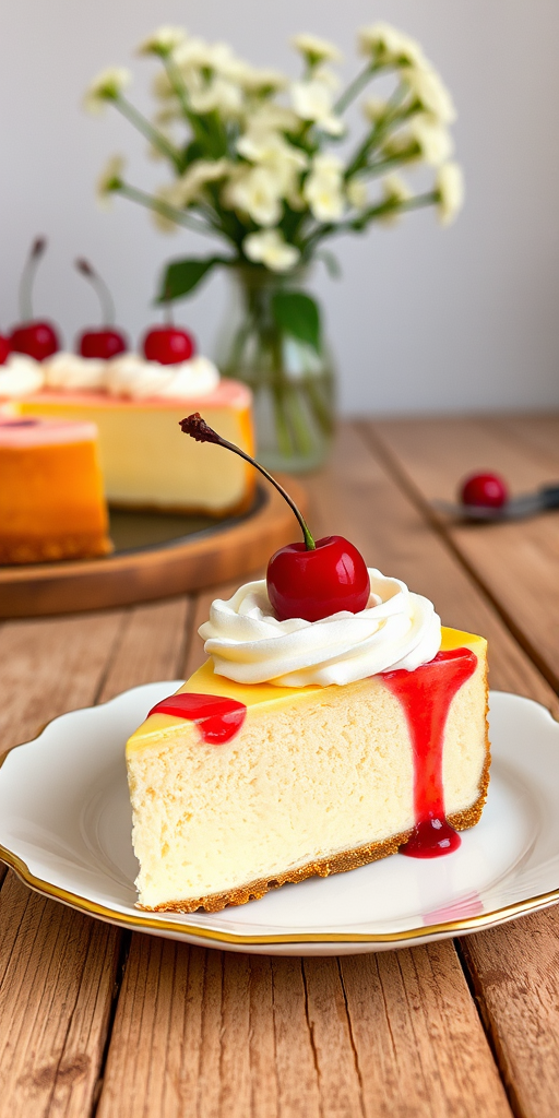 A beautifully sliced piece of creamy cheesecake topped with whipped cream and cherries, served on a delicate plate, with a rustic wooden table in the background and a vase of delicate white flowers.