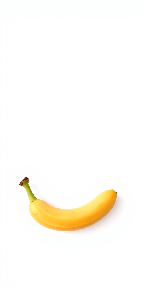A ripe banana isolated on a simple white background, using a Canon EOS R5 camera with a 50mm lens, aperture set to f/1.8, ISO 100, 1/200s shutter speed, in natural soft lighting for enhanced color and detail.