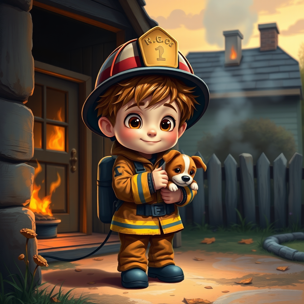 airbrushed oil painting, pixar style, cute little boy in fireman gear, helmet, tousled hair, expressive eyes, standing in the doorstep of a cottage burning behind him, holding a cute little dog in his arm, atumn sky
