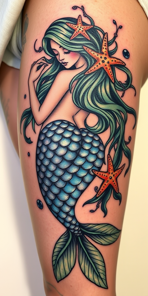 Neo-traditional mermaid tattoo on thigh, scales shimmering with iridescent blues and greens, long flowing hair intertwined with seaweed and starfish
