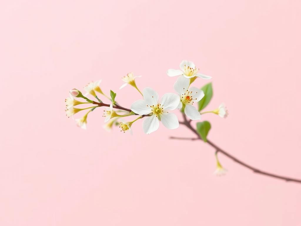 Regenerate a minimalist botanical illustration of a flowering branch against a soft pink background, using a 50mm lens, f/2.8 aperture, ISO 100, with a shallow depth of field for a crisp focus on the flowers, in a digital illustration style resembling watercolor.