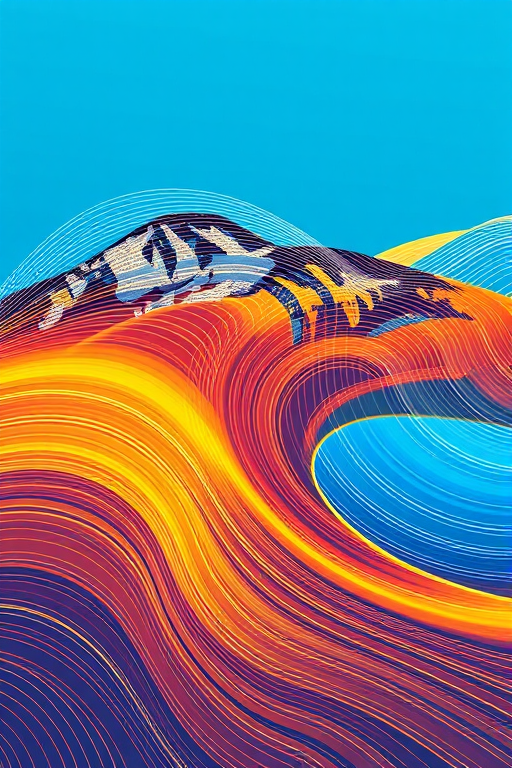 Generate an abstract wave pattern with dynamic lines in blue, orange, and gold hues, using a high-resolution setting at 300 DPI, captured from a wide-angle lens at f/8, with a high dynamic range, using a digital mirrorless camera.