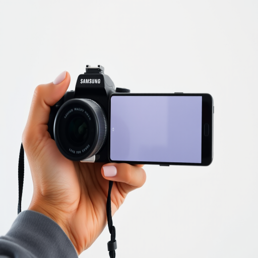 Capture a close-up of a person holding a Samsung smartphone in their right hand against a plain white background, using a DSLR camera set to f/2.8 aperture, ISO 100, and a shutter speed of 1/200 sec with natural light to enhance image quality.