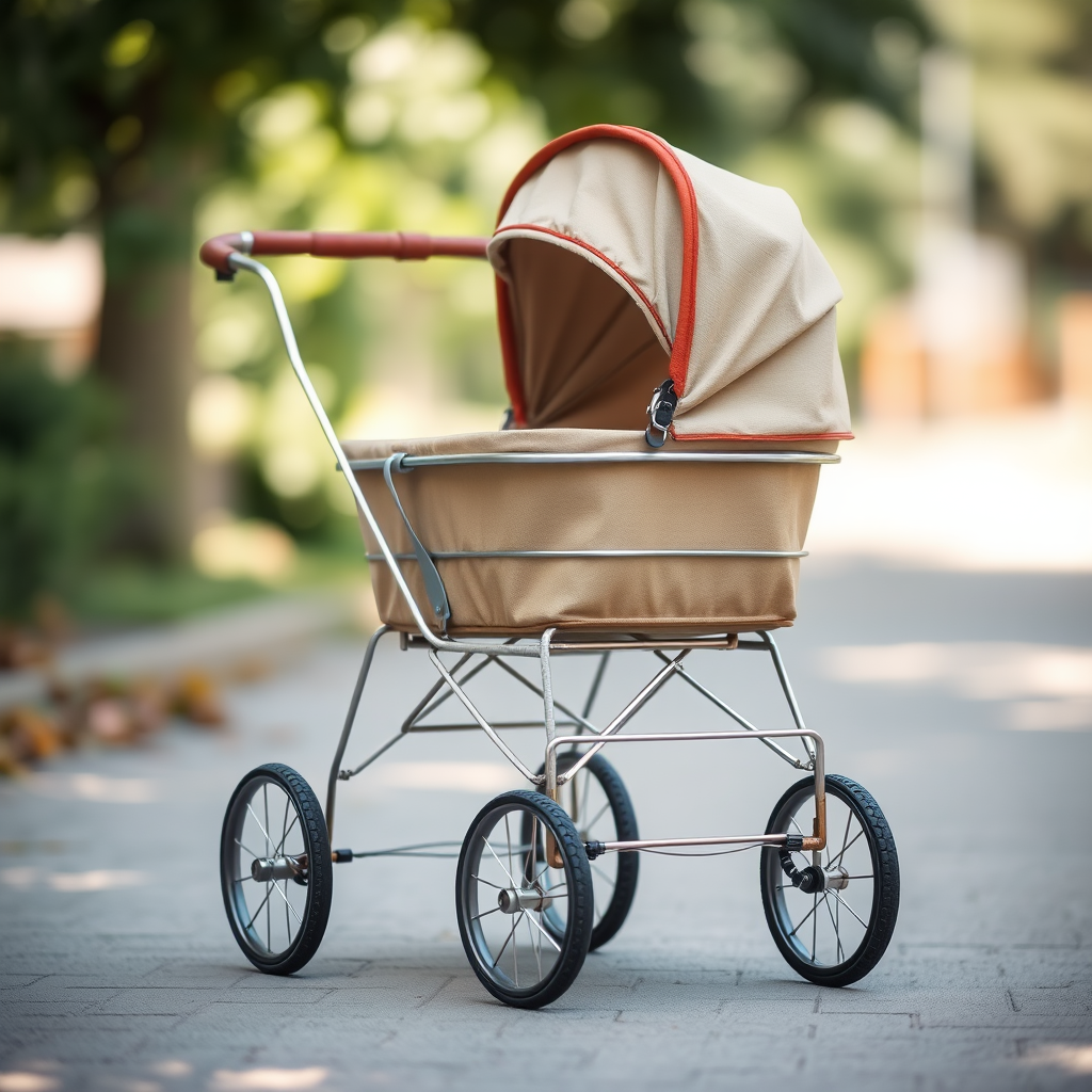 Create a high-resolution image of a vintage baby stroller with a classic design, shot using a DSLR camera, 50mm lens, f/2.8 aperture, ISO 100, in natural daylight with a shallow depth of field, front view, emphasizing the details of the wheels and fabric.