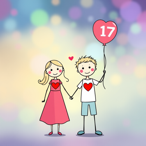Create a vibrant illustration of two stick figures holding hands, with the girl wearing a dress and the boy in a t-shirt and shorts, both having red hearts on their chests, the boy holding a balloon labeled 2017, captured in a high-resolution digital artwork style, using a Canon EOS R5 with a 50mm f/1.8 lens, aperture set at f/2.8, and a soft focus background to enhance clarity and color vibrance.