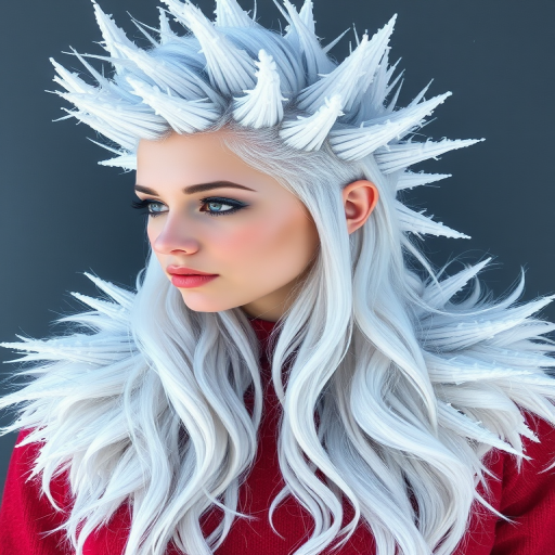 Arctic frost white hair with icy blue undertones, sculpted into sharp spikes and intricate snowflake patterns, embodying the beauty of winter's chill
