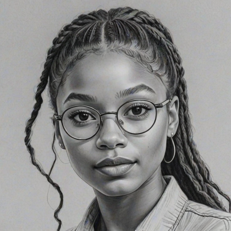 Graceful Halle Bailey, pencil sketch, portrait of Gorgeous woman 1969s in glasses, hair style beatnik, outline, clear lines, fine lines, 8k