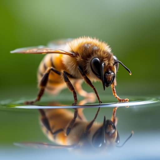 close-up of a bee on a reflective surface, with a shallow depth of field, ISO 100, aperture f/2.8, shutter speed 1/200s, 50mm macro lens, natural light