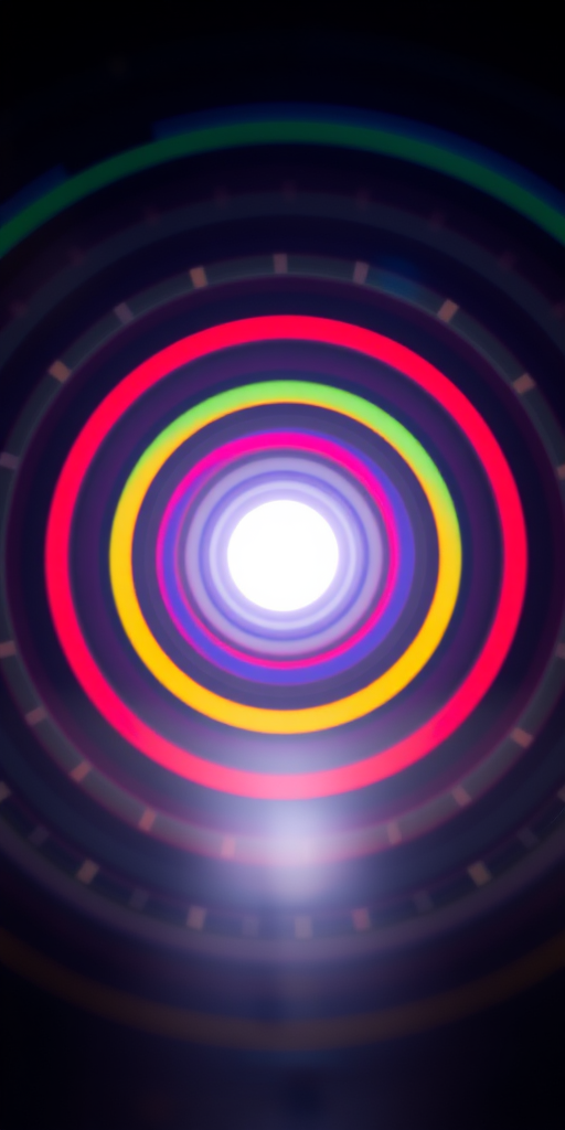Generate an abstract image of concentric colorful circles radiating from a central bright light, use a Canon EOS 5D Mark IV, lens aperture f/2.8, ISO 100, shutter speed 1/60s, focal length 50mm, shot in a dark environment with a soft focus and high dynamic range to enhance light reflections.
