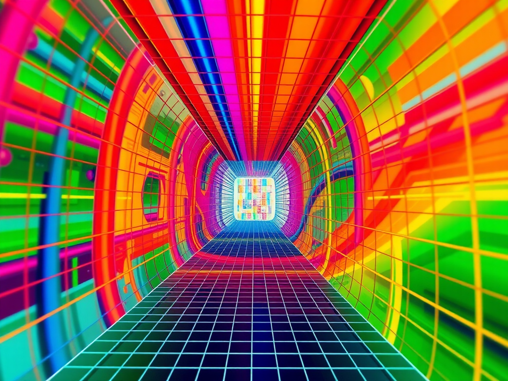Create a vibrant, abstract 3D tunnel of colorful lines and grids converging towards a central point, captured with a DSLR camera at f/8 aperture, ISO 100, 24mm focal length, and using a wide-angle lens for a dynamic perspective.