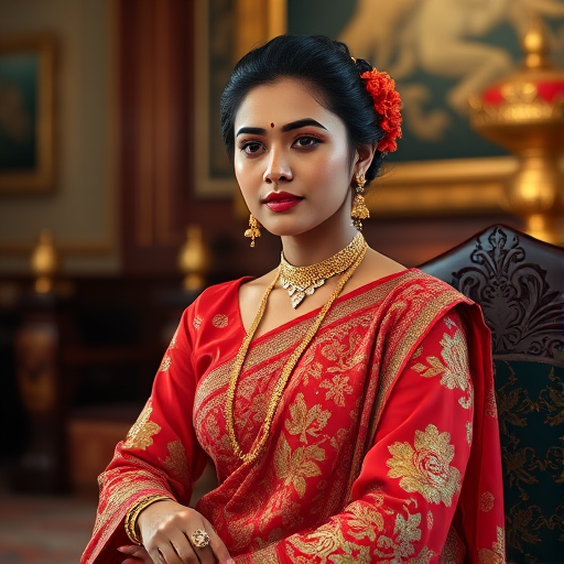 A beautiful Bangladeshi woman in traditional East Asian attire, intricately detailed with embroidered patterns, sitting gracefully in a richly decorated room, soft ambient lighting, serene and elegant, ultra-realistic, 8K resolution