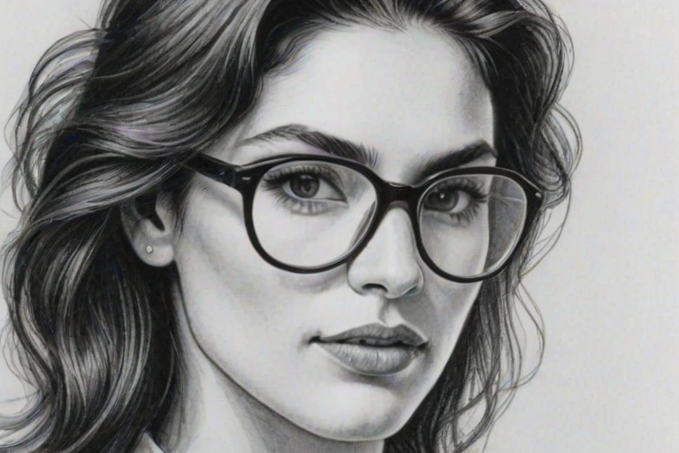 Alluring Lela Loren, pencil sketch, portrait of Attractive woman 1980s in glasses, hair style beatnik, outline, clear lines, fine lines, 8k