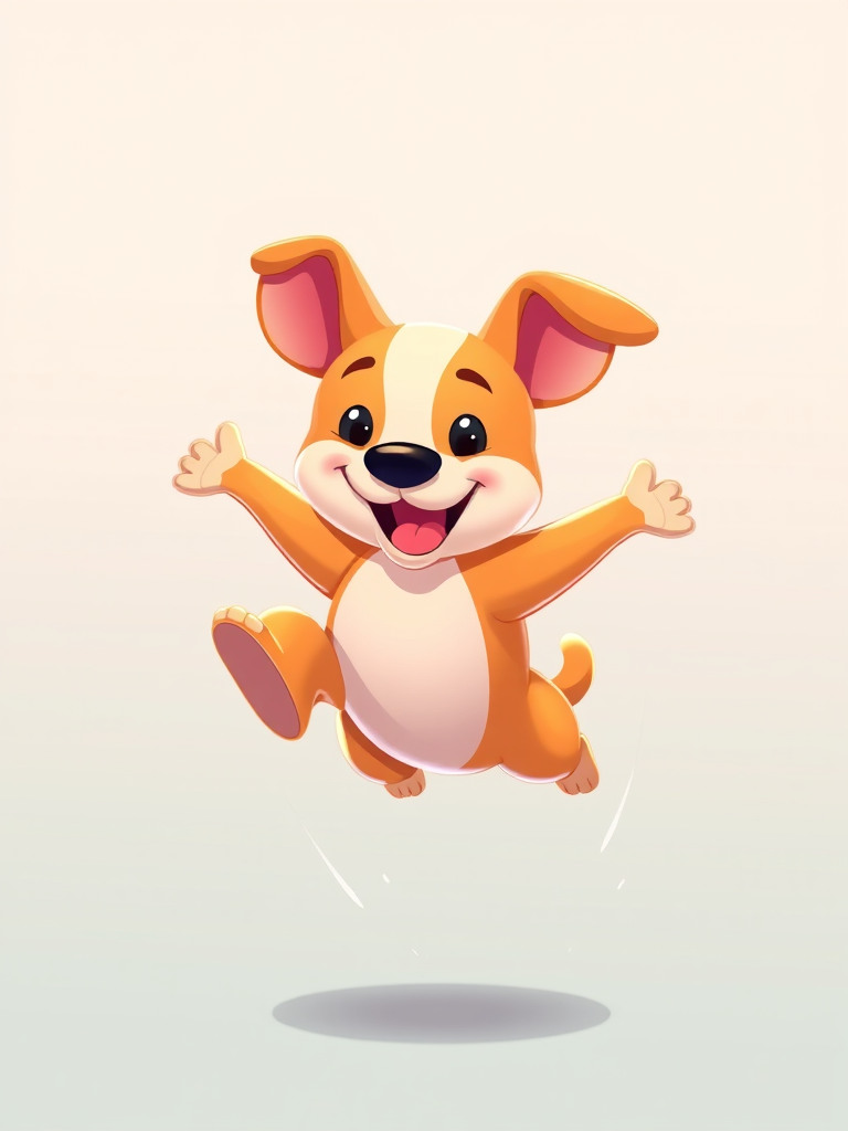 Create a vibrant illustration of a playful cartoon dog jumping in a light, minimalist background, using a digital art style with high saturation and smooth gradients, captured with a Canon EOS R5, 50mm lens, f/1.8 aperture, 1/2000 shutter speed, and ISO 100 for clarity and detail.