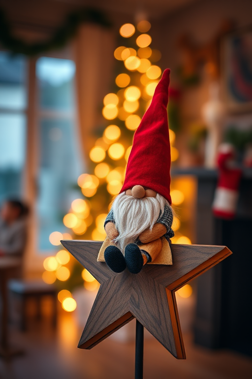 Create a cozy indoor shot of a gnome sitting on a wooden star, warm ambient lighting, shallow depth of field, aperture f/1.8, ISO 200, 50mm lens, soft focus background, captured with a DSLR camera for enhanced image quality.