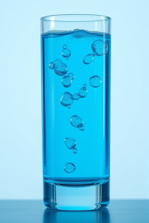 Create a high-resolution image of a tall, cylindrical glass containing bright blue liquid, with bubbles floating inside, shot from a slightly elevated angle using a DSLR camera, 50mm lens, aperture f/1.8, ISO 200, and natural light for soft shadows.