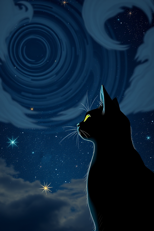 A stylized black cat gazing at a starry night sky with swirling clouds and vibrant stars, captured with a DSLR camera at 50mm focal length, f/1.8 aperture, ISO 100, with soft focus and vibrant color saturation.