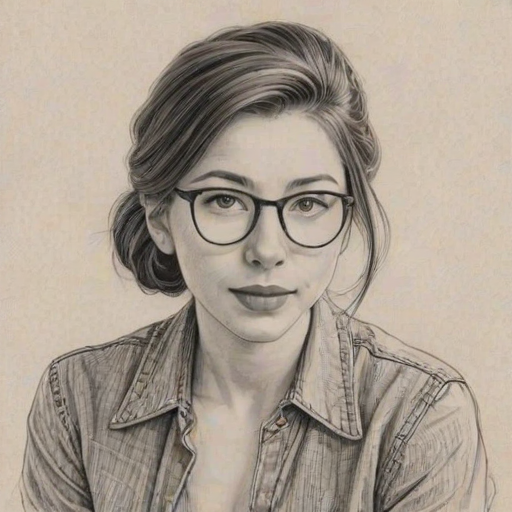 Captivating Katelyn Nacon, pencil sketch, portrait of Delightful woman 1952s in glasses, hair style beatnik, outline, clear lines, fine lines, 8k