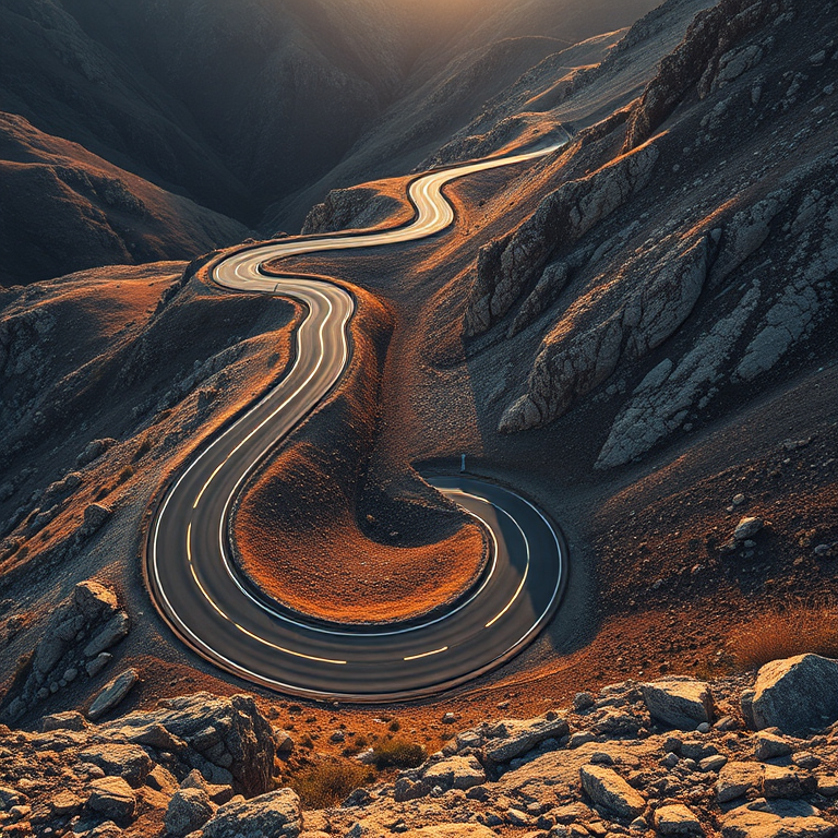 Capture a winding mountain road in a dramatic landscape, focus on the curves of the asphalt and contrasting rocky terrain, golden hour lighting, use a DSLR camera with a 24mm lens, aperture f/8, ISO 200, shutter speed 1/200s, shoot from a high vantage point to emphasize the road's serpentine shape.