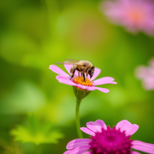 macro shot of a bee on a pink flower with a blurred green background, aperture f/2.8, shutter speed 1/200s, ISO 100, 50mm lens, natural lighting, DSLR camera