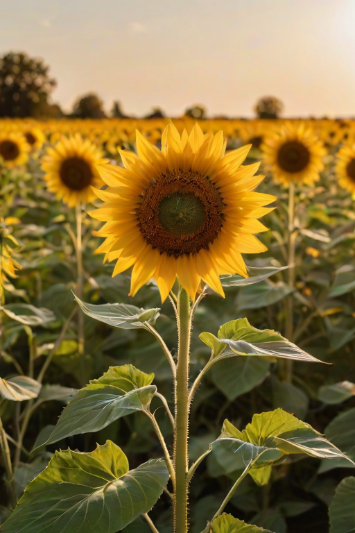 Sharp, high-resolution close-up of a sunflower field in full bloom, soft golden light from the setting sun illuminating the vibrant yellow petals, with distant bees buzzing in the air.