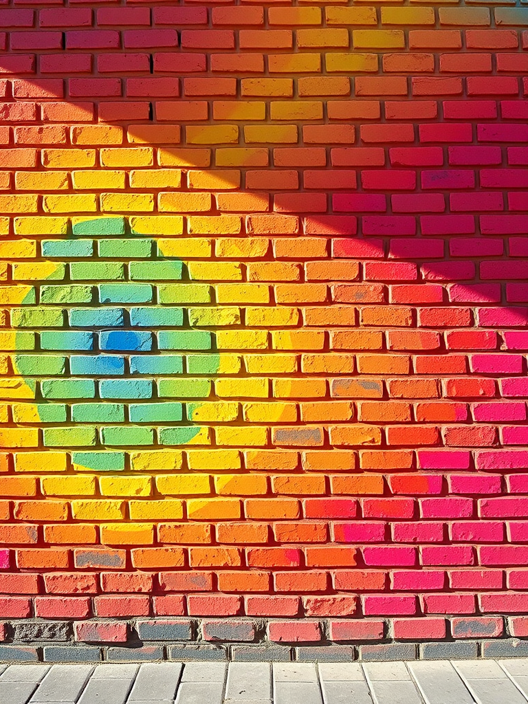 colorful brick wall with a gradient pattern, natural light, f/8 aperture, ISO 100, 50mm lens, shot from a straight-on angle, high dynamic range style, DSLR camera