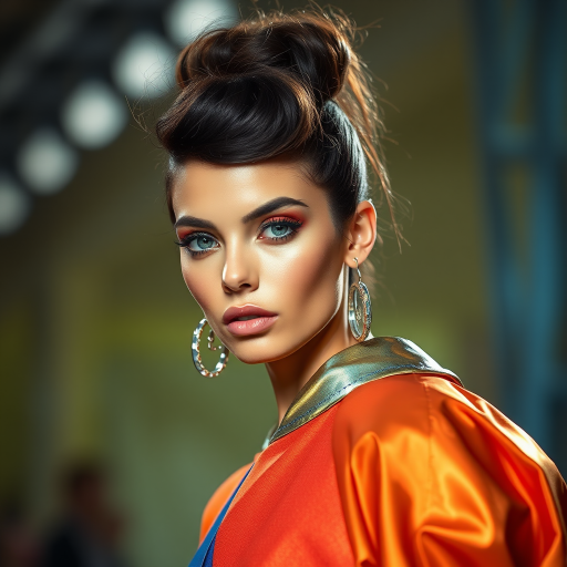 Runway capture, a beautiful model, vibrant colors, metallic textures, high fashion editorial , a 100mm macro lens to get extreme close-ups of intricate details like fabric stitching, accessories, or makeup artistry